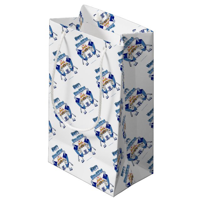 Hanukkah Dancing Dreidels and Jelly Doughnuts Small Gift Bag (Front Angled)