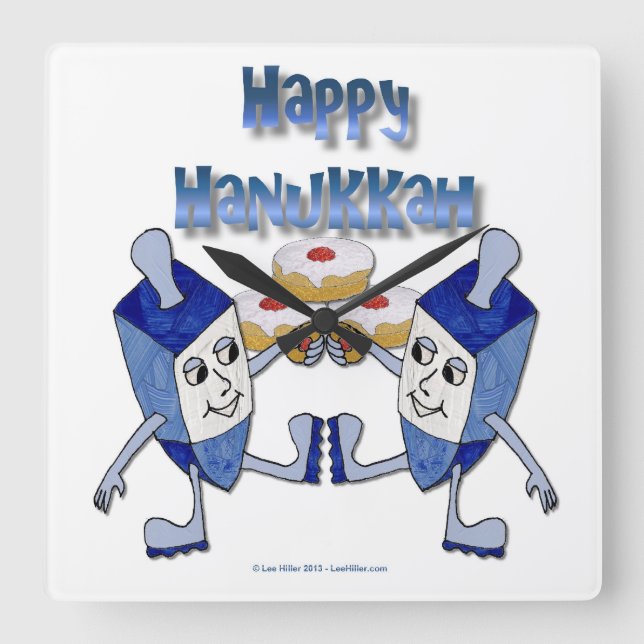 Hanukkah Dancing Dreidels and Jelly Doughnuts Square Wall Clock (Front)