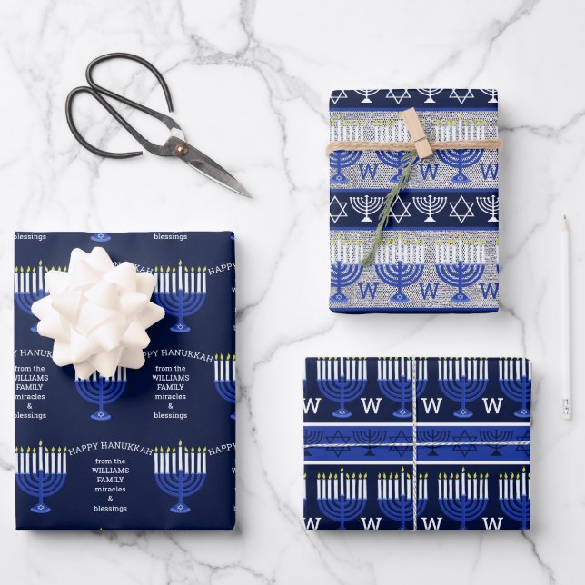 Hanukkah Dark Blue Menorah Monogram Assortment Wrapping Paper Sheet (Front)