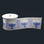Hanukkah Dark Blue Menorah On Faux Silver Custom Satin Ribbon<br><div class="desc">Elegant Happy Hanukkah ribbon with a Faux silver fabric background. Personalize this now! Dark blue Hanukiah Menorahs with a Star Of David design and your custom text make this festive ribbon fun for party decorations or wrapping gifts. Visit my store for coordinating gift wrap,  gift bags and tissue paper.</div>