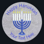 Hanukkah Dark Blue Menorah On Faux Silver Cute Classic Round Sticker<br><div class="desc">Elegant round Hanukkah stickers are great for adding a finish touch to a gift wrap, decorating the envelopes for party invitations or using as Chanukkah party favours. Personalize them now! This original art is a traditional Hanukkah Menorah on a silver look background. Many more matching products from party supplies to...</div>