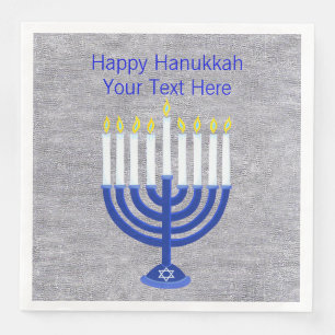 Hanukkah Dark Blue Menorah On Faux Silver Large Napkin