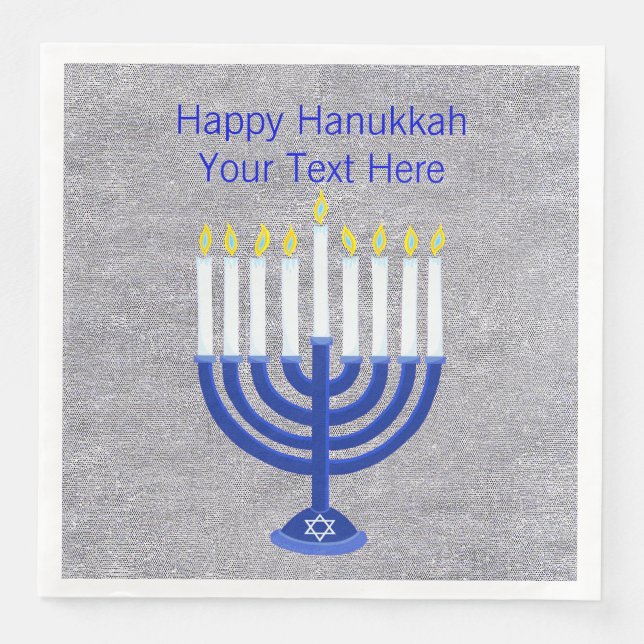 Hanukkah Dark Blue Menorah On Faux Silver Large Napkin (Front)
