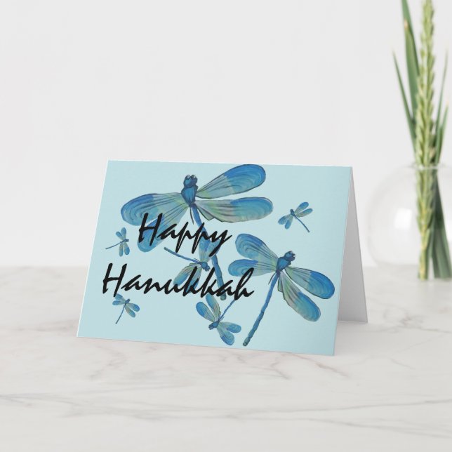 Hanukkah Delicate Blue Dragonfly Original Painting Card (Front)