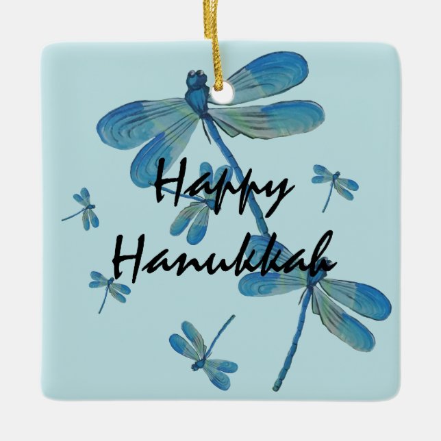 Hanukkah Delicate Blue Dragonfly Original Painting Ceramic Ornament (Front)