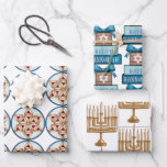 Hanukkah design wrapping paper sheet<br><div class="desc">Elevate your Hanukkah gift-giving with this set of three beautifully designed wrapping papers. Each sheet features unique Hanukkah motifs and colours, adding a touch of elegance and tradition to your presents during the Festival of Lights</div>