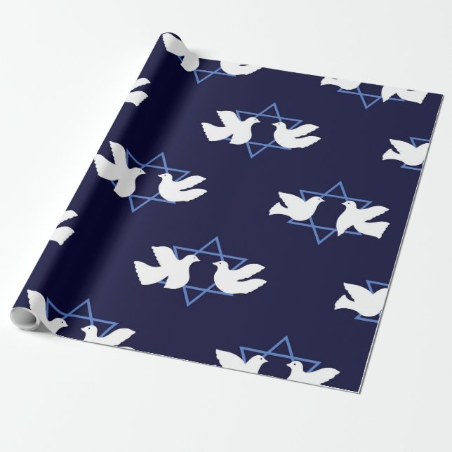 Hanukkah Dove Peace Star of David Patterned Wrapping Paper (Unrolled)