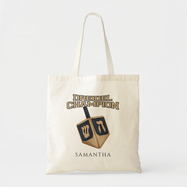 Hanukkah Dreidel Champion Personalized Gag Tote Bag (Front)