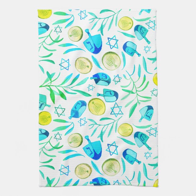 Hanukkah Dreidel Jewish Holiday Pattern Kitchen Towel (Vertical)