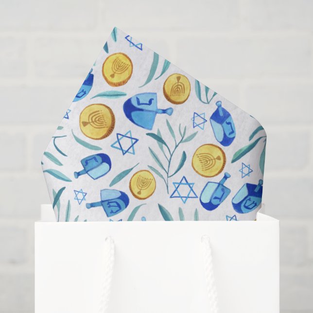 Hanukkah Dreidel Jewish Holiday Pattern Watercolor Tissue Paper (Gift Bag)