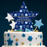 Hanukkah Dreidel Menorah Pattern Blue Custom Party Cake Pick<br><div class="desc">Beautiful Hanukkah cake topper in a dark blue star shape with a cool pattern of Judaism star,  dreidel,  and the Jewish menorah for the Chanukah holiday. Customize this design with your family name.</div>