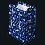 Hanukkah Dreidel Menorah Pattern Blue Custom Party Medium Gift Bag<br><div class="desc">Beautiful Hanukkah gift bag in a dark blue star shape with a cool pattern of Judaism star,  dreidel,  and the Jewish menorah for the Chanukah holiday. Customize this design with your family name.</div>