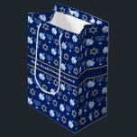 Hanukkah Dreidel Menorah Pattern Blue Custom Party Medium Gift Bag<br><div class="desc">Beautiful Hanukkah gift bag in a dark blue star shape with a cool pattern of Judaism star,  dreidel,  and the Jewish menorah for the Chanukah holiday. Customize this design with your family name.</div>