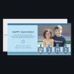 Hanukkah Dreidel Photo Card<br><div class="desc">A spinning dreidel shows shin,  hey,  gimel and nun on this Hanukkah photo card with your own photo right above. The subtle Star of David background enhances your personalized message accented by another Star of David. Available in alternate colours with matching products.</div>