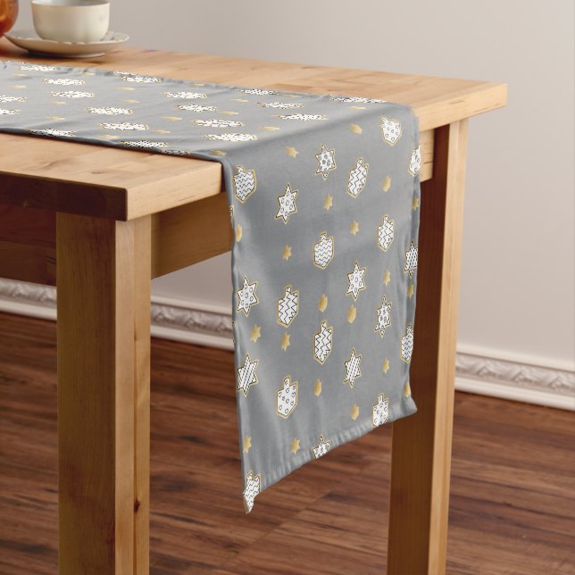 Hanukkah Dreidels and Stars 14 x 72 Short Table Runner (In Situ)