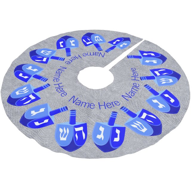 Hanukkah Dreidels Blue Personalized Chrismukkah Brushed Polyester Tree Skirt (Angled)