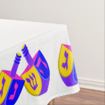 Hanukkah Dreidels Colourful Border Pattern Fun Tablecloth<br><div class="desc">Add your name to this personalized Hanukkah tablecloth with a colourful Dreidels border pattern for one of a kind holiday decor. My original double Dreidels design in bold pinks, yellows, purples and blues spin around the border of this white holiday tablecloth. Jumbo text in bright blue is centred in the...</div>