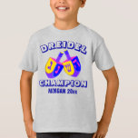 Hanukkah Dreidels Colourful Funny Dreidel Champ T-Shirt<br><div class="desc">Someone in the family is the DREIDEL CHAMPION - award them with this funny personalized shirt! The space for a name and optional year is easy to personalize; both Dreidel and Champion can also be customized. The open style font in dark blue allows my unique and extremely colourful Hanukkah Dreidels...</div>