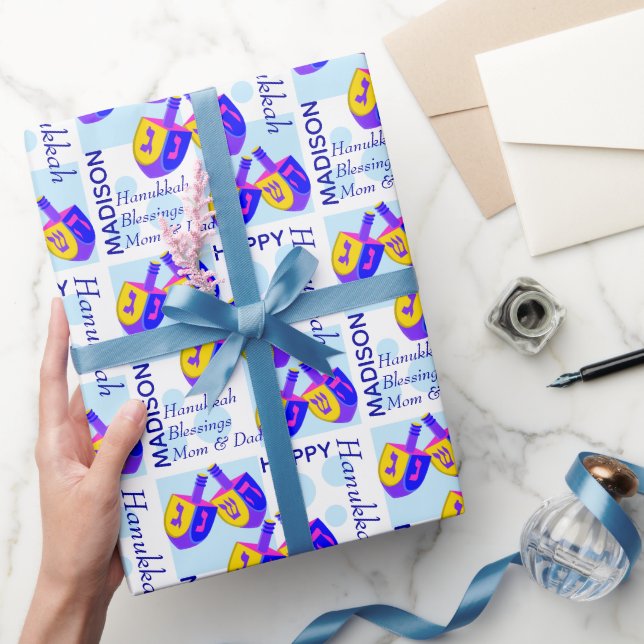 Hanukkah Dreidels Colourful Pattern Personalized Wrapping Paper (Gifting)