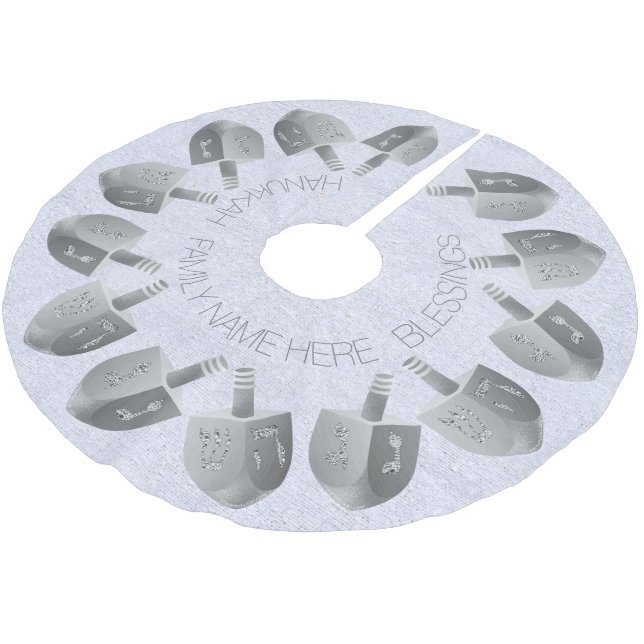 Hanukkah Dreidels Faux Silver Bling Chrismukkah Brushed Polyester Tree Skirt (Angled)