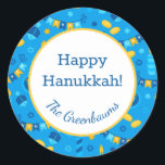Hanukkah Dreidels Gift Tag<br><div class="desc">These fabulous gift tags would look great on all your Hanukkah gifts. They are so festive with their menorahs, gelt, Hanukkah candles and banners and Stars of David in blue and yellow. Trendy yet traditional. And, they are customizable with your family name.</div>