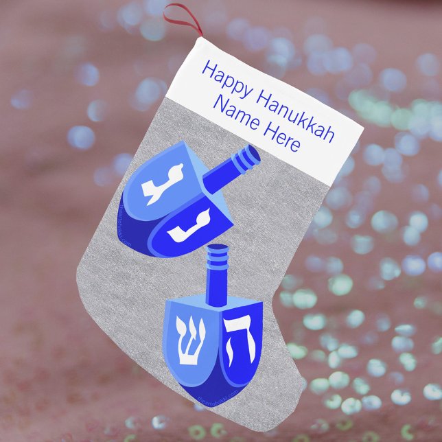 Hanukkah Dreidels In Blue Fun Kids Chrismukkah Small Christmas Stocking (A blue dreidel holiday stocking is fun for kids - and adults - of interfaith familes )