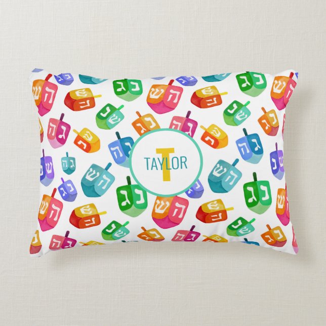 Hanukkah Dreidels Rainbow Watercolor Holiday Accent Pillow (Front)