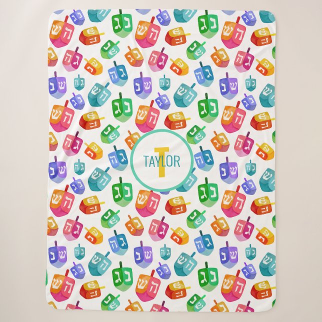 Hanukkah Dreidels Rainbow Watercolor Holiday Sherpa Blanket (Front)