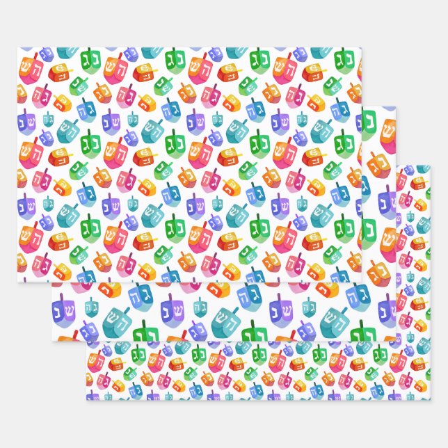Hanukkah Dreidels Rainbow Watercolor Holiday Wrapping Paper Sheet (Set)