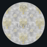 Hanukkah Elegant Stickers (1 1/2"/3")<br><div class="desc">Hanukkah/Elegant Holiday stickers. Choose from 1 1/2" and 3" stickers. Personalize by deleting or replacing, "To: Love" with your own message. Choose your favourite font size, style, and colour. Thanks for stopping and shopping by! Your business is very much appreciated! Happy Hanukkah! Shape: Classic Round Sticker Make your unique style...</div>
