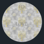 Hanukkah Elegant Stickers (1 1/2"/3")<br><div class="desc">Hanukkah/Elegant Holiday stickers. Choose from 1 1/2" and 3" stickers. Personalize by deleting or replacing, "To: Love" with your own message. Choose your favourite font size, style, and colour. Thanks for stopping and shopping by! Your business is very much appreciated! Happy Hanukkah! Shape: Classic Round Sticker Make your unique style...</div>