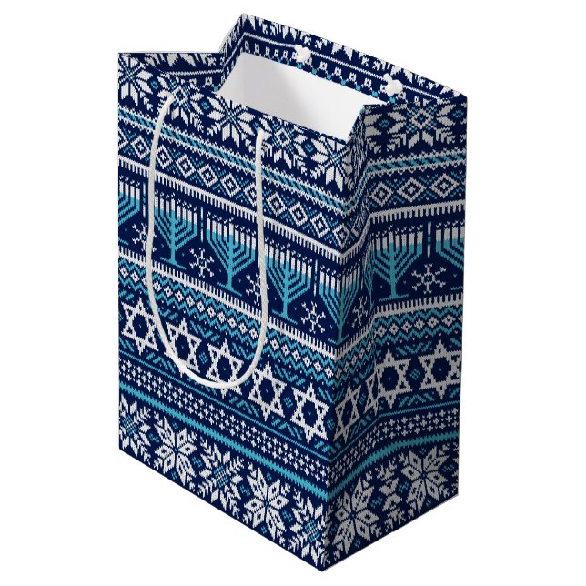 Hanukkah Fair Isle Faux Knit Sweater Medium Gift Bag (Back Angled)