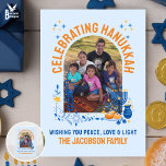 HANUKKAH FAMILY Customizable Photo Thank You Card<br><div class="desc">Personalizable family HANUKKAH greeting card with CUSTOMIZABLE TEXT AND PHOTO. Add your details and upload your vertical photo. Add your personalized message inside. Design features the arched window design with Hanukkah elements. Matching shirts, gifts and party supplies available.</div>