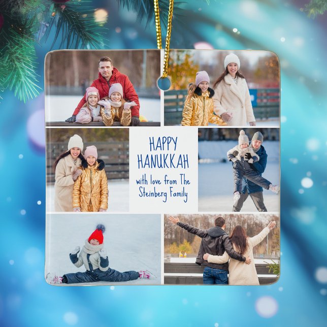Hanukkah Family Photo Collage Cute Custom 2 Sided Ceramic Ornament (Creator Uploaded)