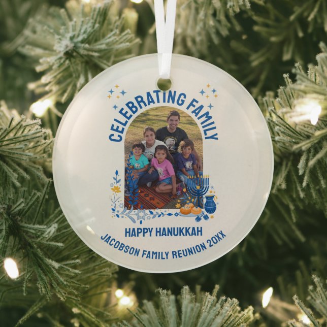 HANUKKAH FAMILY REUNION Customizable Photo  Glass Ornament (Insitu)