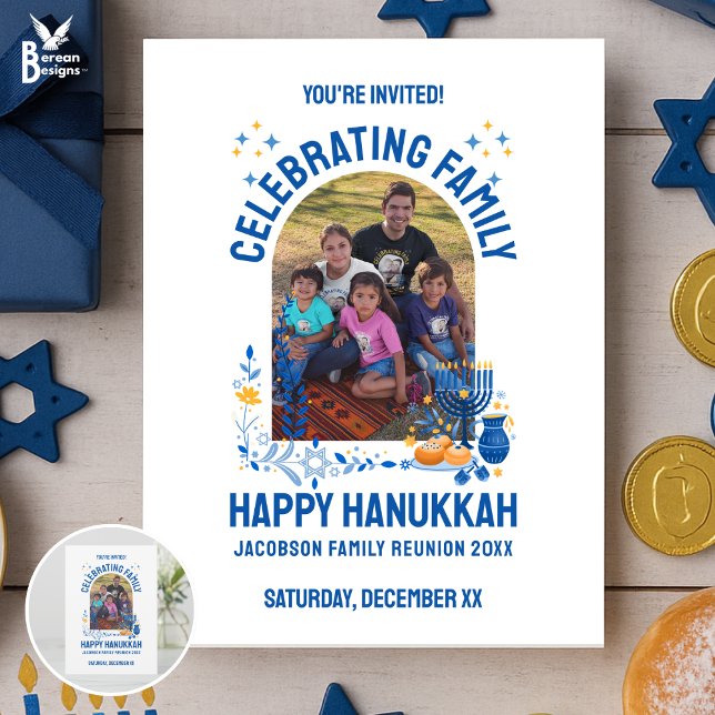 HANUKKAH FAMILY REUNION Customizable Photo  Invitation (Invitation for Jewish family reunion to celebrate Hanukkah together Matching shirts, gifts, supplies)