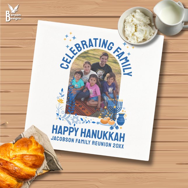 HANUKKAH FAMILY REUNION Customizable Photo  Napkin (Celebrating Family Hanukkah napkins with customizable photo and text. Ideal for Chanukah reunions.)