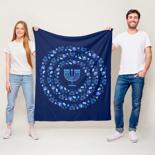 Hanukkah Festival of Lights Mandala navy blue Fleece Blanket (In Situ)