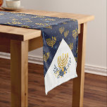Hanukkah Festival of Lights Menorah Navy Blue Short Table Runner<br><div class="desc">Nautical Boutique Co.'s pretty Hanukkah Festival of Lights design features a menorah and Star of David pattern set on a navy blue background through out the length and a watercolor menorah with a floral bouquets of flowers at each end. The colours are deep gold, dark / navy blue, and white....</div>