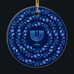 Hanukkah Festival of Lights Party Mandala Blue Ceramic Ornament<br><div class="desc">Happy Hanukkah Festival of Lights Party Mandala navy blue colour decoration . Hanukkah Celebration - design for Home > Home Décor > Christmas Décor > Ornaments. Trendy design blue colour, traditional Chanukah symbols - wooden dreidels (spinning top), doughnuts, Hanukkiah - menorah - hanukkiah, candles, Blue star of David, Israeli flag...</div>