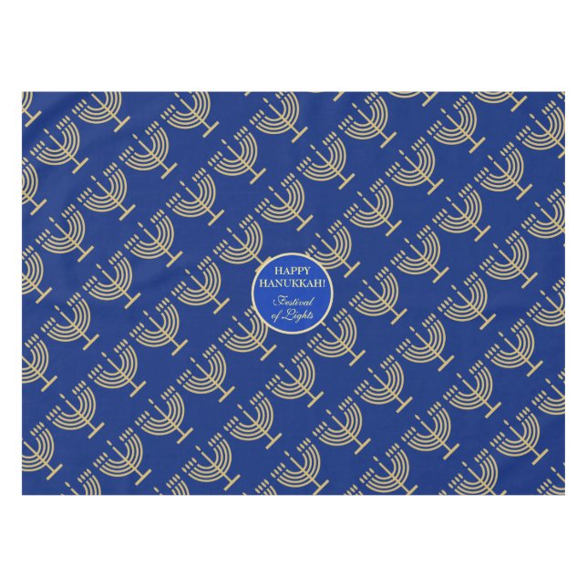 Hanukkah Festival Party Gold Menorah blue pattern Tablecloth (Front (Horizontal))