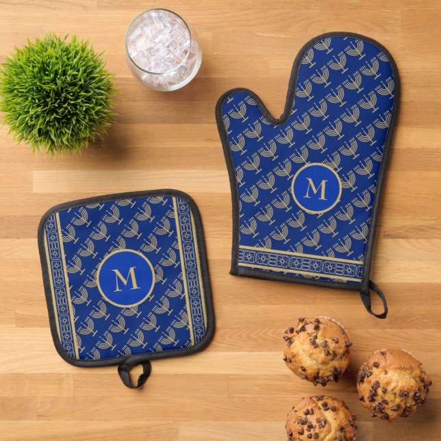 Hanukkah Festival Party Gold Menorah Monogram Oven Mitt & Pot Holder Set (Top Down)