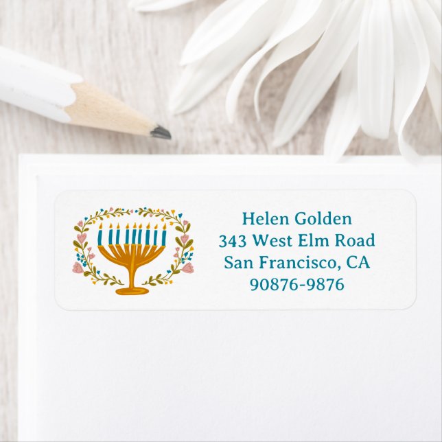 HANUKKAH Floral Wreath Menorah Return Address (Insitu)