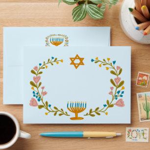 HANUKKAH Floral Wreath Menorah w Return Address Envelope