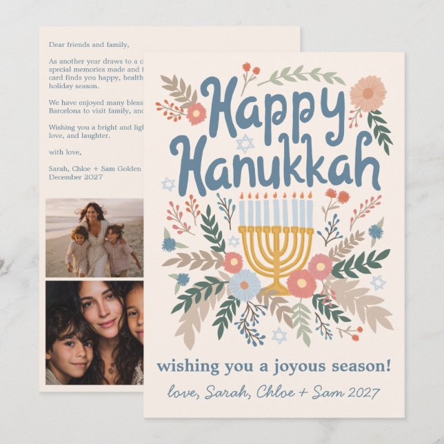 Hanukkah FLorals Hand-drawn Art CUSTOM 4 PHOTO Holiday Card (Front/Back)