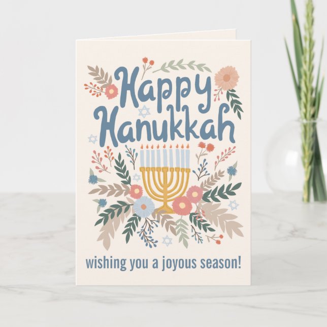 Hanukkah FLorals Hand-drawn Art CUSTOM  Holiday Card (Front)