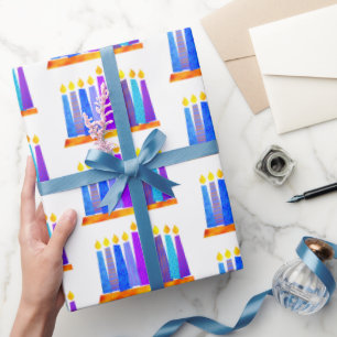 Hanukkah Fun Artsy Blue Boho Pattern Candles White Wrapping Paper