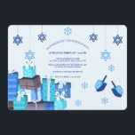 Hanukkah Gift Exchange Party Invitation<br><div class="desc">Start the fun of your Hanukkah party with this delightful invitation featuring dangling Stars of David, presents wrapped in blue, snowflakes and dreidels. (Designed by Freepik). (Designed by Freepik). The card is easy to customize with your wording, font, font colour, paper shape options and choice of six paper types.Not exactly...</div>