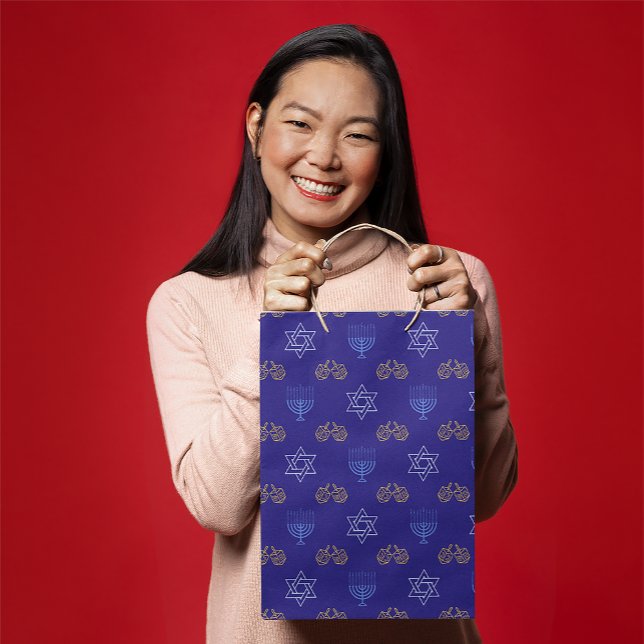 Hanukkah Gold Dreidel Star of David Menorah Blue  Medium Gift Bag (Creator Uploaded)