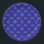 Hanukkah Gold Dreidel Star of David Menorah Paper Plate<br><div class="desc">Add a touch of elegance to your Hanukkah festivities with our stunning paper plates! These Hanukkah paper plates feature a dazzling design with a gold Dreidel, Star of David, and Menorah against a vibrant blue background. They're perfect for serving up your delicious holiday treats and meals. Whether you're hosting a...</div>